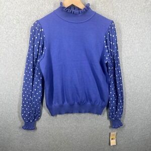 Nanette Lepore Sweater Women M Very Peri Polka Dot Pleated Sleeve Mock Neck NWT